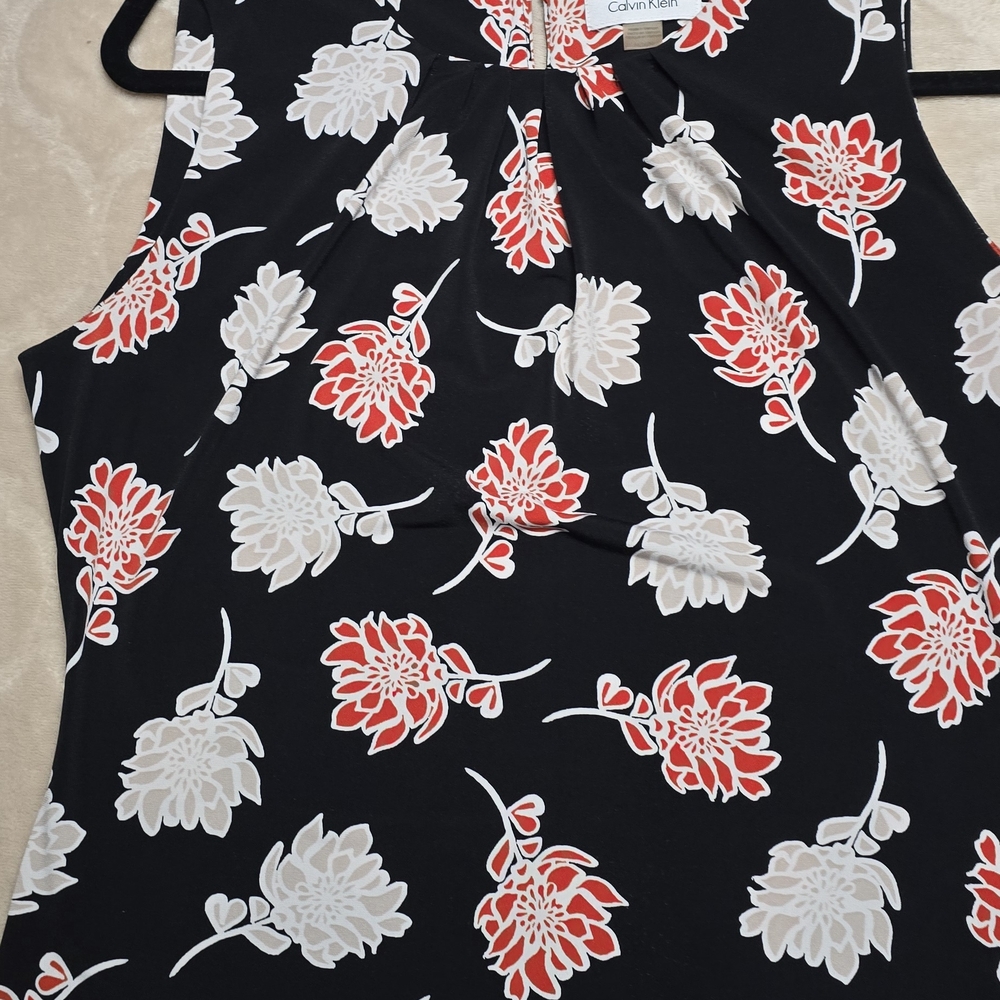 Calvin Klein Black Top with Red and White Floral Design